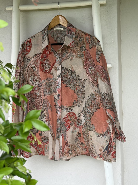 Linen Printed Collared Top Terracotta Paisley