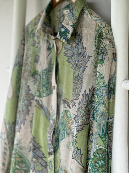 Linen Printed Collared Top Green Paisley