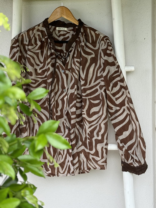 Linen Printed Collared Top Brown Zebra Frill