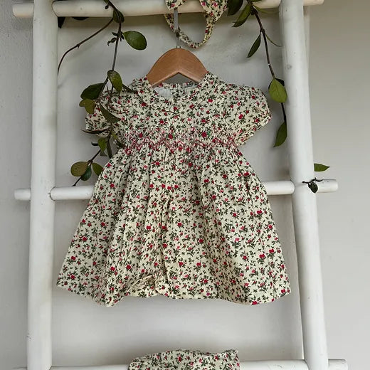 Yellow Red Green Smock Dress set with Bloomers